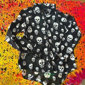 Fun & flirt black heart eyes skull button up sheer long sleeve blouse
